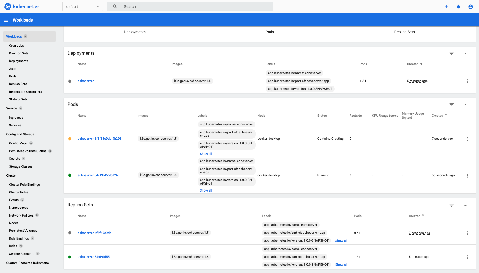 Deployment rollout in the Kubernetes dashboard