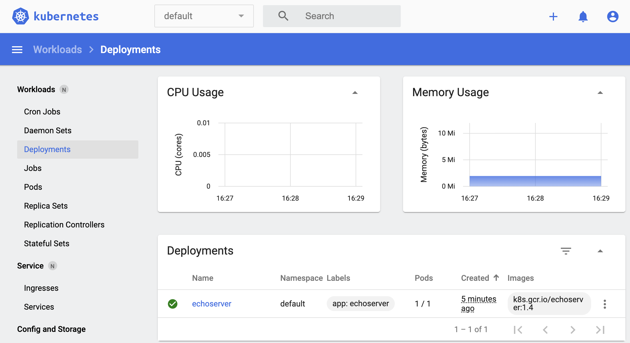 Deployments in the Kubernetes dashboard